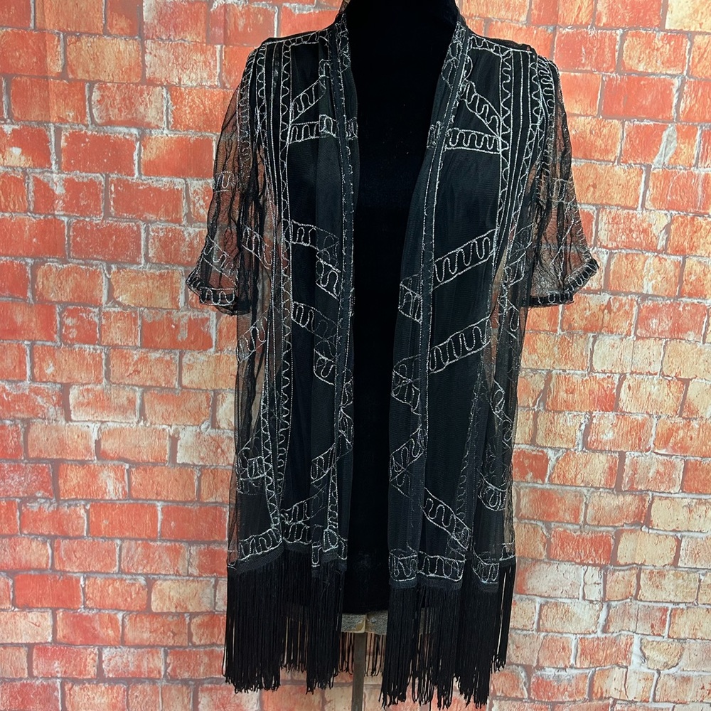 BKE Boutique Embroidered Sheer Fringe Trimmed Kimono